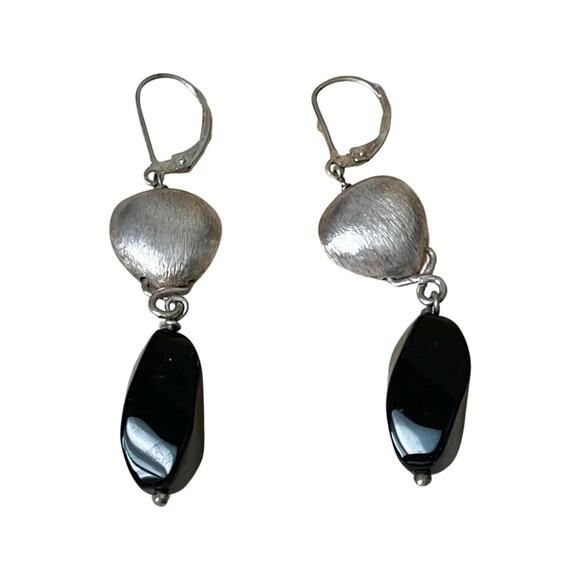 Onyx Earrings, Vintage Sterling Silver Onyx Hook Post Earrings - Picture 1 of 7